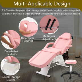 Massage Salon Tattoo Chair  with Two Trays Esthetician Bed with Hydraulic Stool,Multi-Purpose 3-Section Facial Bed Table, Adjustable Beauty Barber Spa Beauty Equipment, Pink - Tonkn