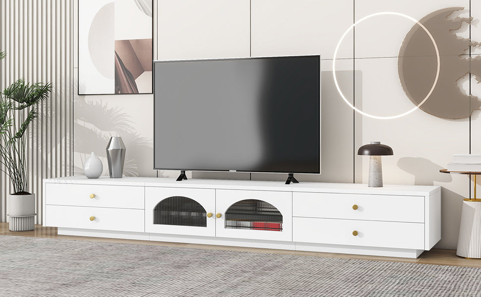 ON-TREND Luxurious TV Stand with Fluted Glass Doors, Elegant and Functional Media Console for TVs Up to 90'', Tempered Glass Shelf TV Cabinet with Multiple Storage Options, White - Tonkn