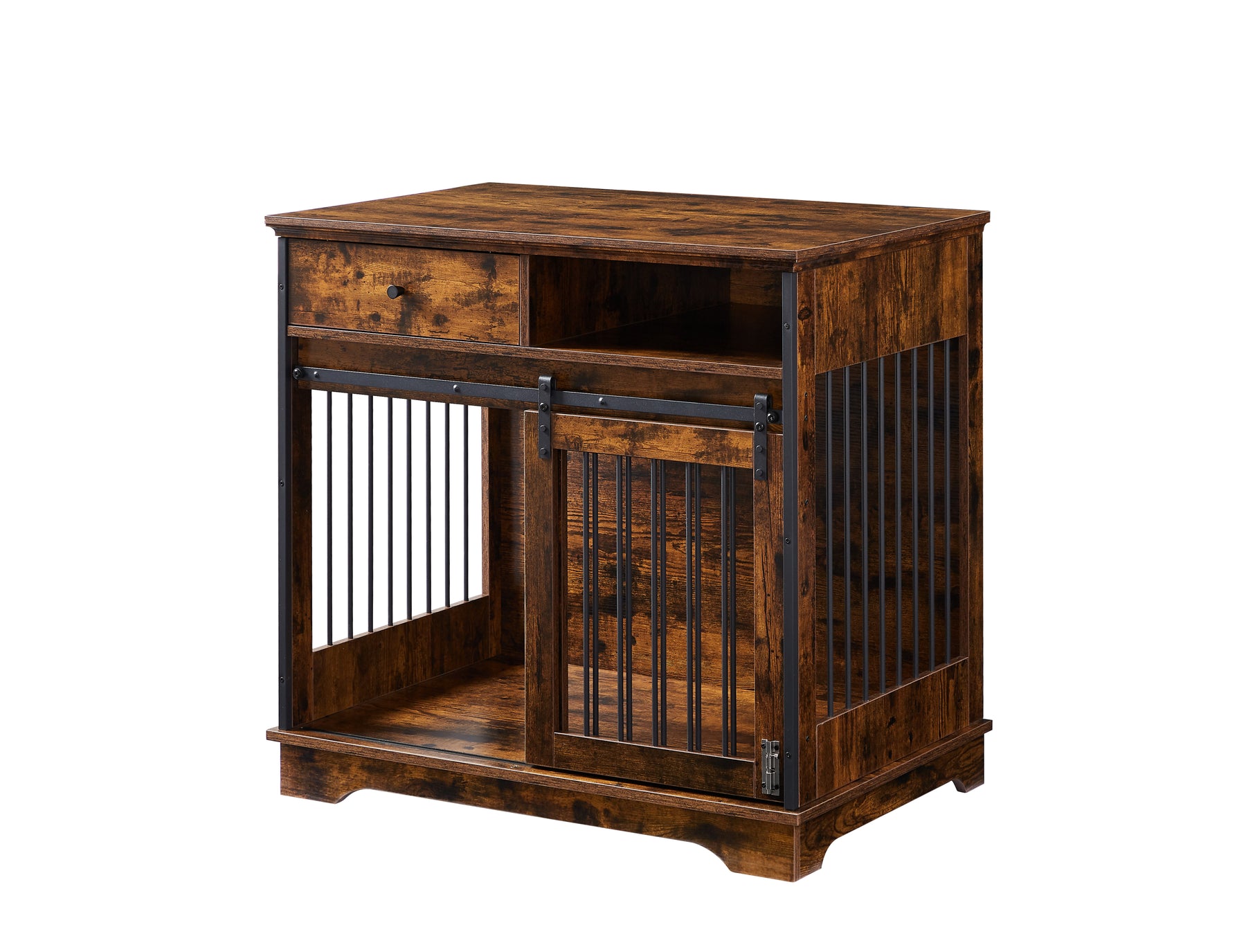 Sliding door dog crate with drawers. Rustic Brown, 35.43'' W x 23.62'' D x 33.46'' H - Tonkn