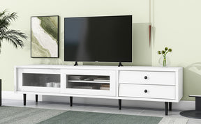 ON-TREND Chic Elegant Design TV Stand with Sliding Fluted Glass Doors, Slanted Drawers Media Console for TVs Up to 75", Modern TV Cabinet with Ample Storage Space, White - Tonkn