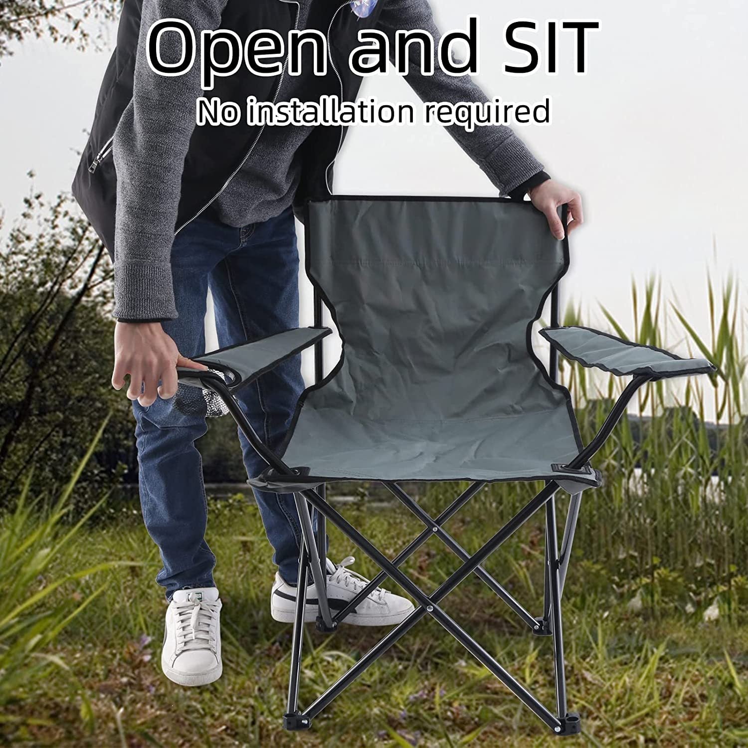 YSSOA Portable Folding Grey Camping Chair, Large - Tonkn