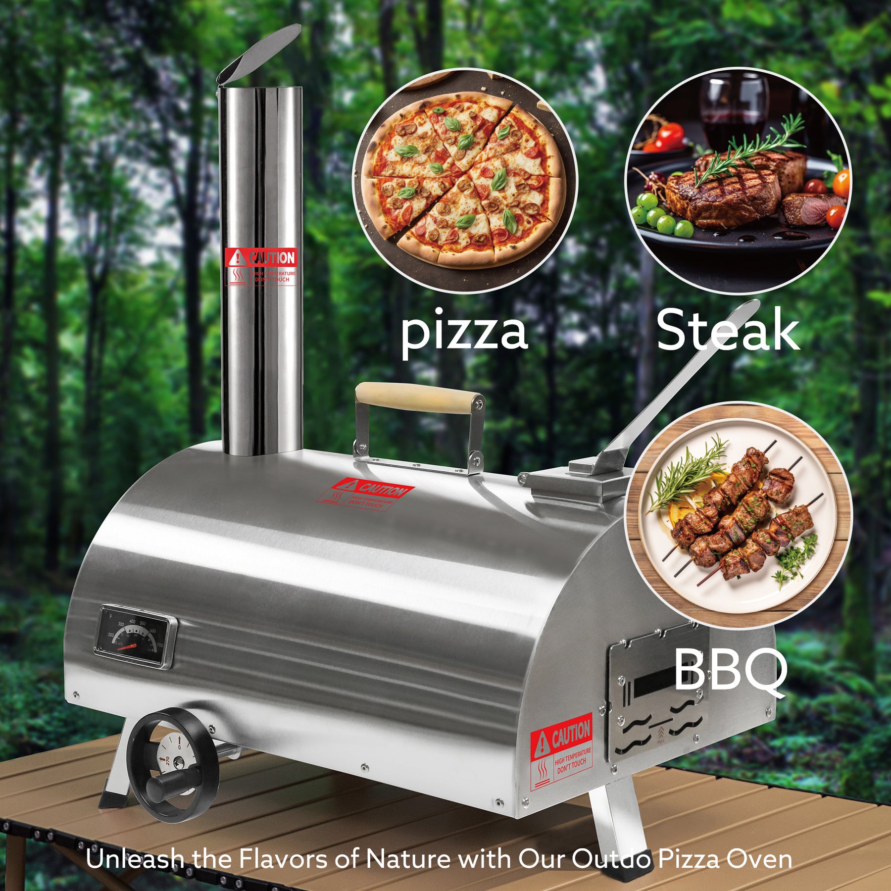 Silver Pizza Oven Outdoor 12" Semi-Automatic Rotatable Pizza Ovens Portable Stainless Steel Wood Fired Pizza Oven Pizza Maker with Built-in Thermometer Pizza Cutter Carry Bag - Tonkn