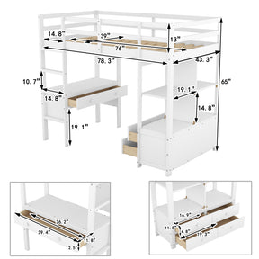 Twin  Size Loft Bed with Built-in Desk with Two Drawers, and Storage Shelves and Drawers,White - Tonkn