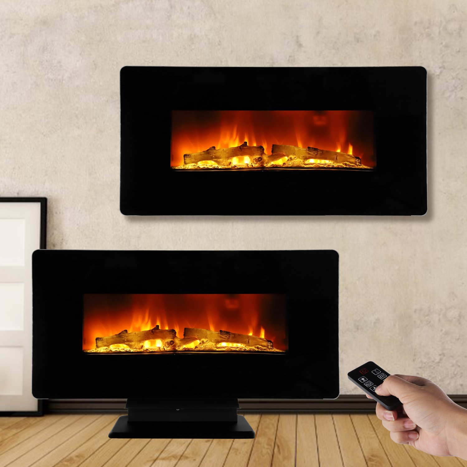 36 Inch Curved Front Electric Fireplace,Freestanding or Wall Mounted Electric Fireplace with Adjustable Flame Color & Remote Control - Tonkn
