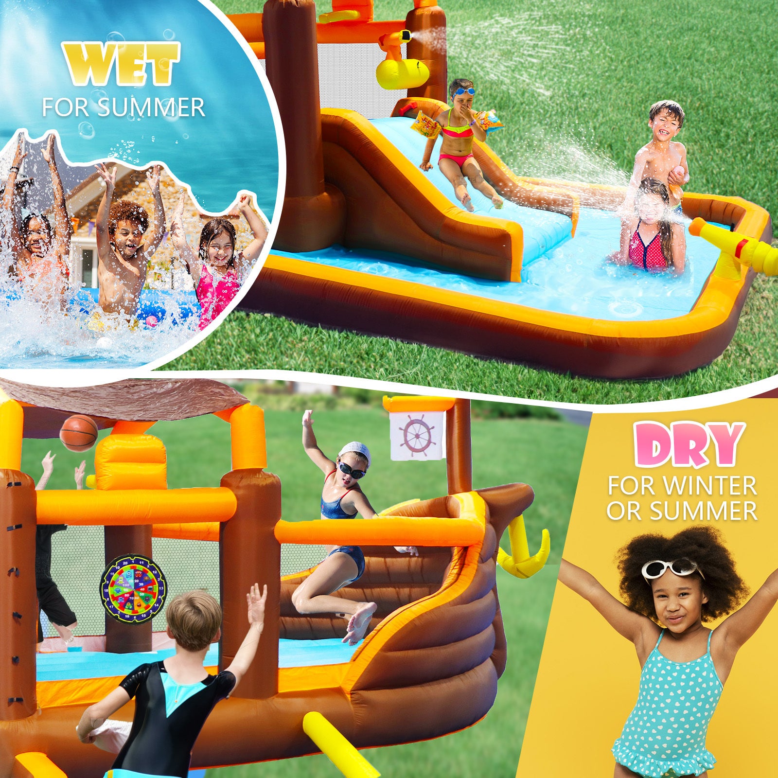 Inflatable Big Bounce House Playground Backyard Slide Water Park Bouncer with Cruise ship design Splash Pool & Basketball & Blower - Tonkn