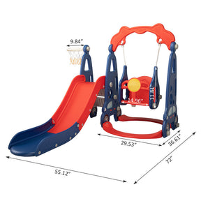 3 In 1 Slide and Swing Set with Basketball Hoop for 1-8 Years Old Children Indoor and Outdoor, Red & Blue - Tonkn