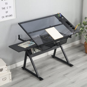 black adjustable tempered glass drafting printing table with chair - Tonkn