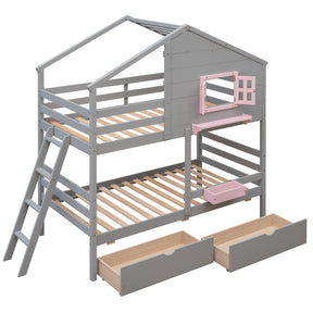Twin over Twin Bunk Bed with 2 Drawers, 1 Storage Box, 1 Shelf, Window and Roof-Gray(OLD SKU:LT000608AAE) - Tonkn