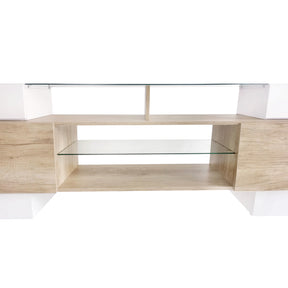 ON-TREND Unique Shape TV Stand with 2 Illuminated Glass Shelves, High Gloss Entertainment Center for TVs Up to 80", Versatile TV Cabinet with LED Color Changing Lights for Living Room, Wood - Tonkn