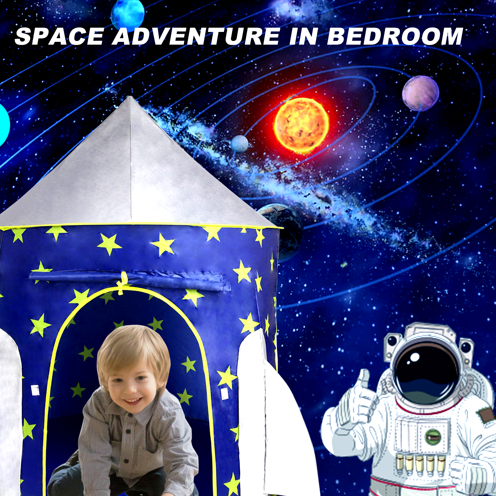 Kids Tent Rocket Spaceship, Kids Play Tent, Unicorn Tent for Boys & Girls, Kids Playhouse, Pop up Tents Foldable, Toddler Tent, Gift for Kids, Indoor & Outdoor, Blue, Space Theme - Tonkn