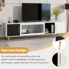 ON-TREND Stylish TV Stand with Golden Metal Handles&Legs, Two-tone Media Console for TVs Up to 80", Fluted Glass Door TV Cabinet with Removable Compartment for Living Room, White - Tonkn