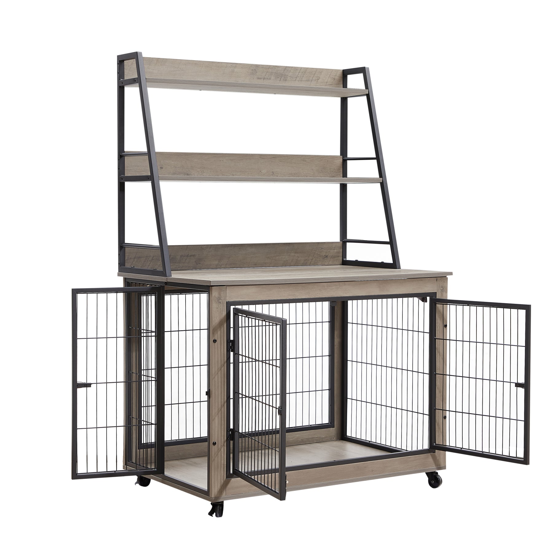 Furniture style dog crate side table with shelves, equipped with double doors and a raised roof. Grey, 38.58 ''w x 25.5 ''d x 57 ''h - Tonkn