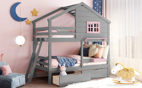 Twin over Twin Bunk Bed with 2 Drawers, 1 Storage Box, 1 Shelf, Window and Roof-Gray(OLD SKU:LT000608AAE) - Tonkn