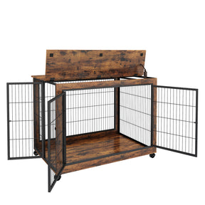 Furniture Style Dog Crate Side Table on Wheels with Double Doors and Lift Top. Rustic Brown, 43.7'' W x 30'' D x 31.1'' H. - Tonkn