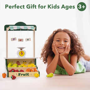 Wooden Farmers Market Stand Fruit Stall, Toy Grocery Store Set for Kids - Tonkn