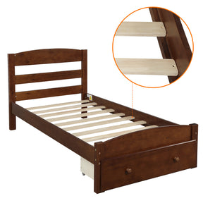 Platform Twin Bed Frame with Storage Drawer and Wood Slat Support No Box Spring Needed, Walnut - Tonkn
