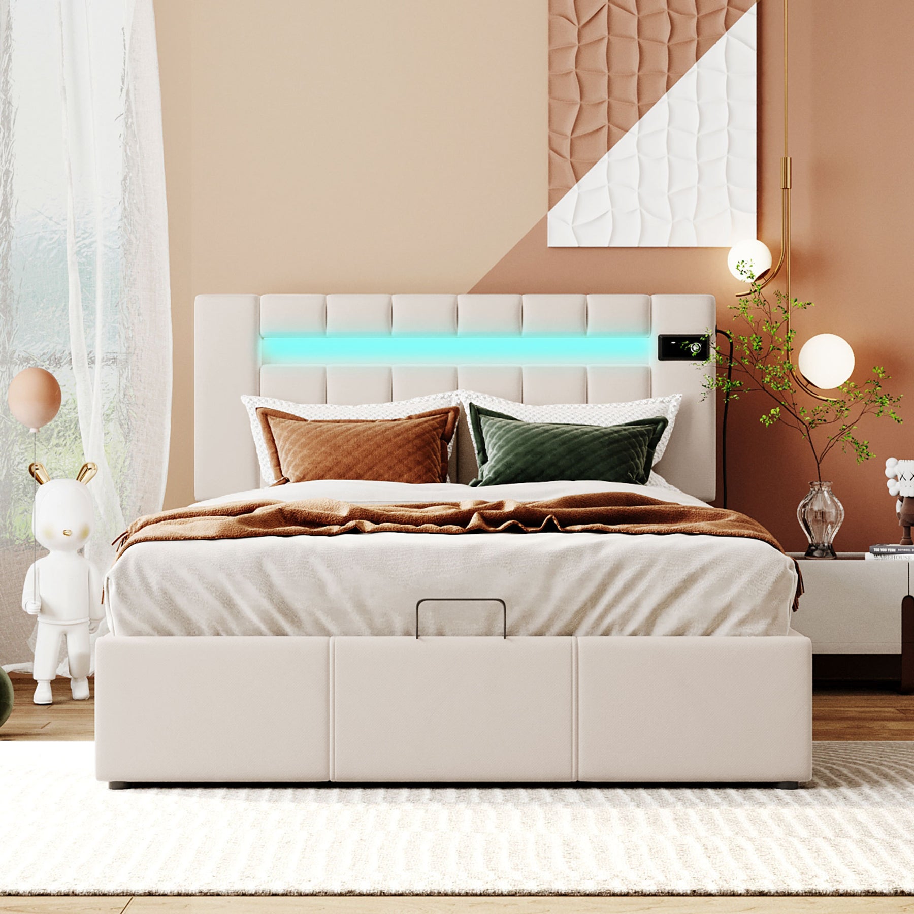 Upholstered Bed Full Size with LED light, Bluetooth Player and USB Charging, Hydraulic Storage Bed in Beige Velvet Fabric - Tonkn