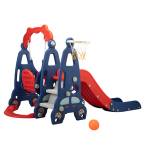 3 In 1 Slide and Swing Set with Basketball Hoop for 1-8 Years Old Children Indoor and Outdoor, Red & Blue - Tonkn