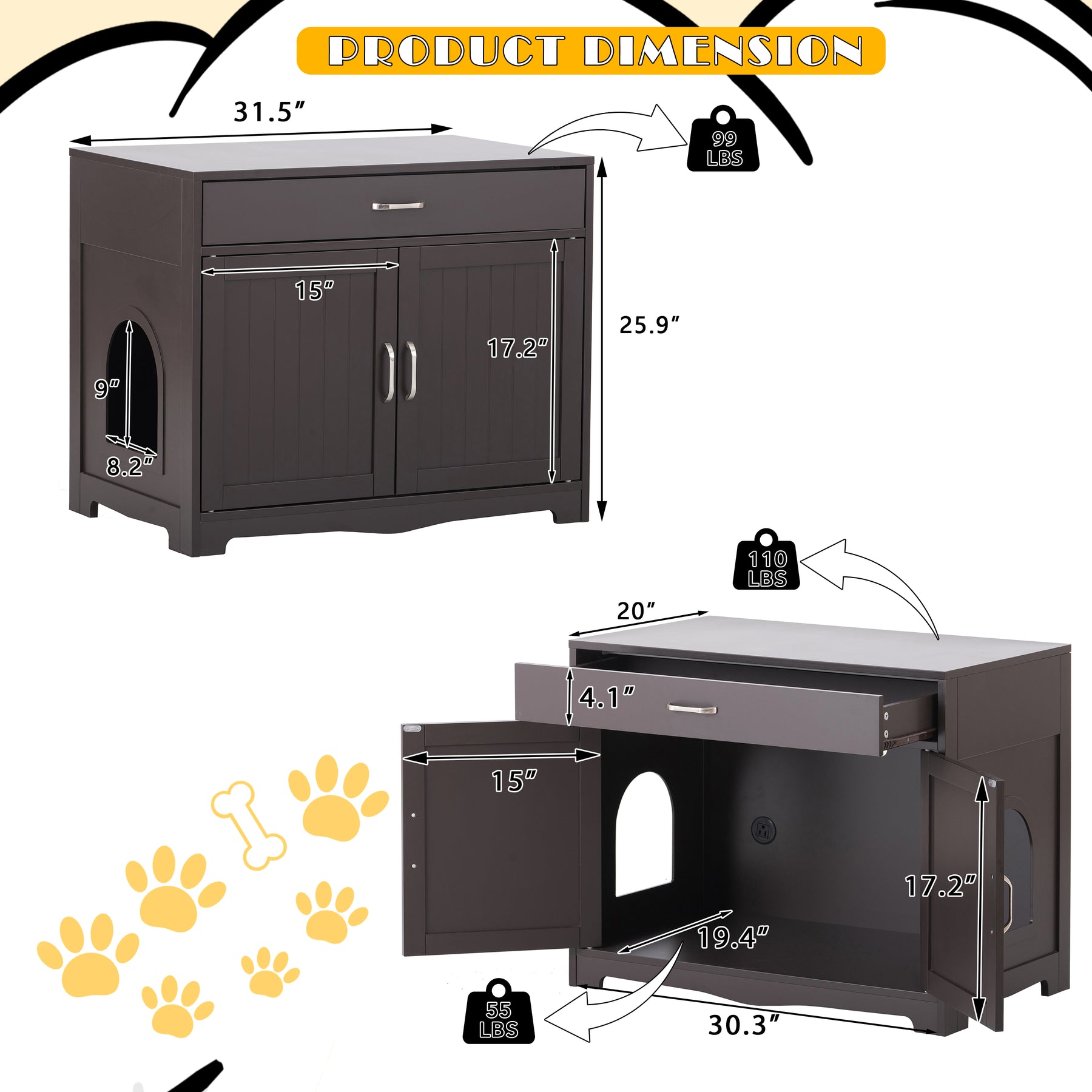 Litter Box Enclosure, Cat Litter Box Furniture with Hidden Plug, 2 Doors,Indoor Cat Washroom Storage Bench Side Table Cat House, Large Wooden Enclused Litter Box House, Essprosso - Tonkn