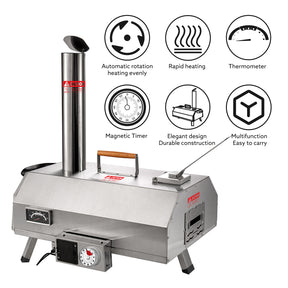 Stainless Steel Pizza Oven Outdoor 12" Automatic Rotatable Pizza Ovens,Portable Wood Fired Pizza Oven Pizza Maker with Timer, Built-in Thermometer,Pizza Cutter & Carry Bag - Tonkn