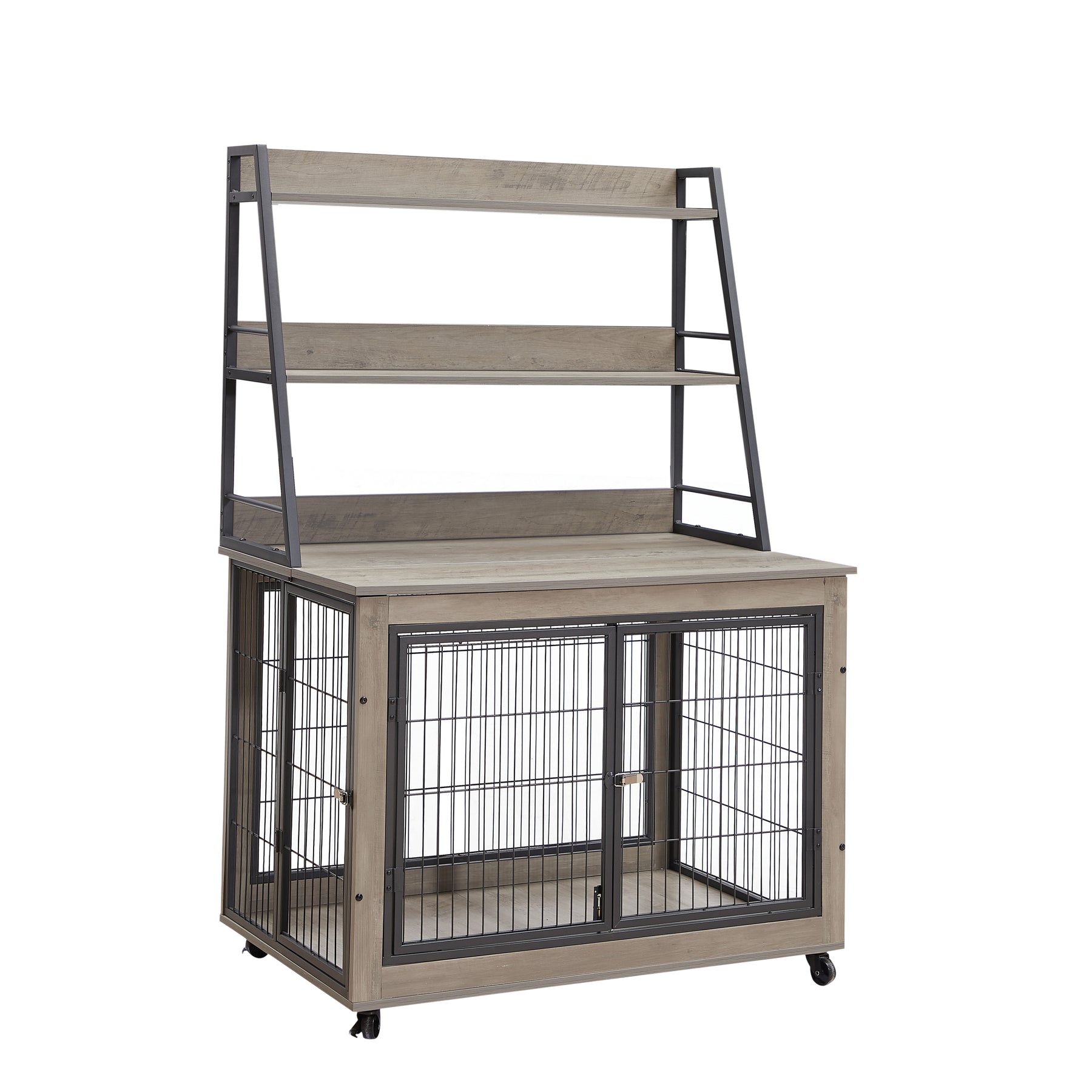 Furniture style dog crate side table with shelves, equipped with double doors and a raised roof. Grey, 38.58 ''w x 25.5 ''d x 57 ''h - Tonkn