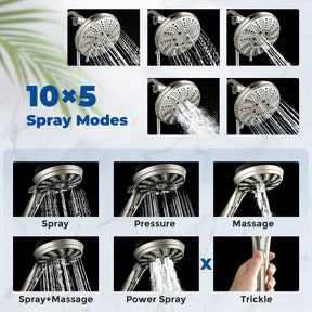 Shower Head Combo -  4.5'' 6-Setting Handheld Showerhead and 7'' 5-Setting Rainfall Spray, One Click for High Pressure/Trickle Mode, with 70'' Longer Stainless Steel Hose, Brushed Nickel - Tonkn