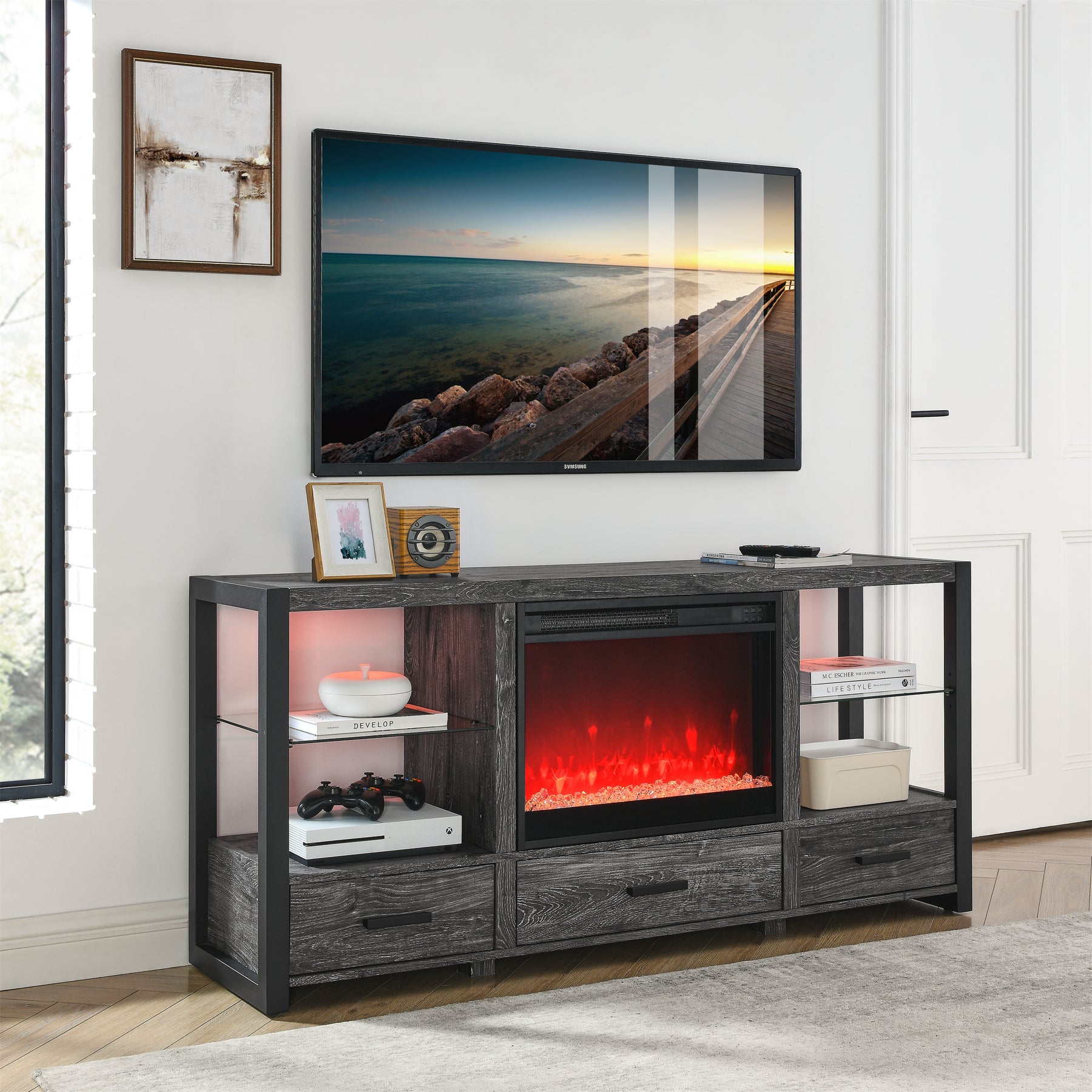 60 Inch Electric Fireplace Media TV Stand With Sync Colorful LED Lights-Dark rustic oak color - Tonkn