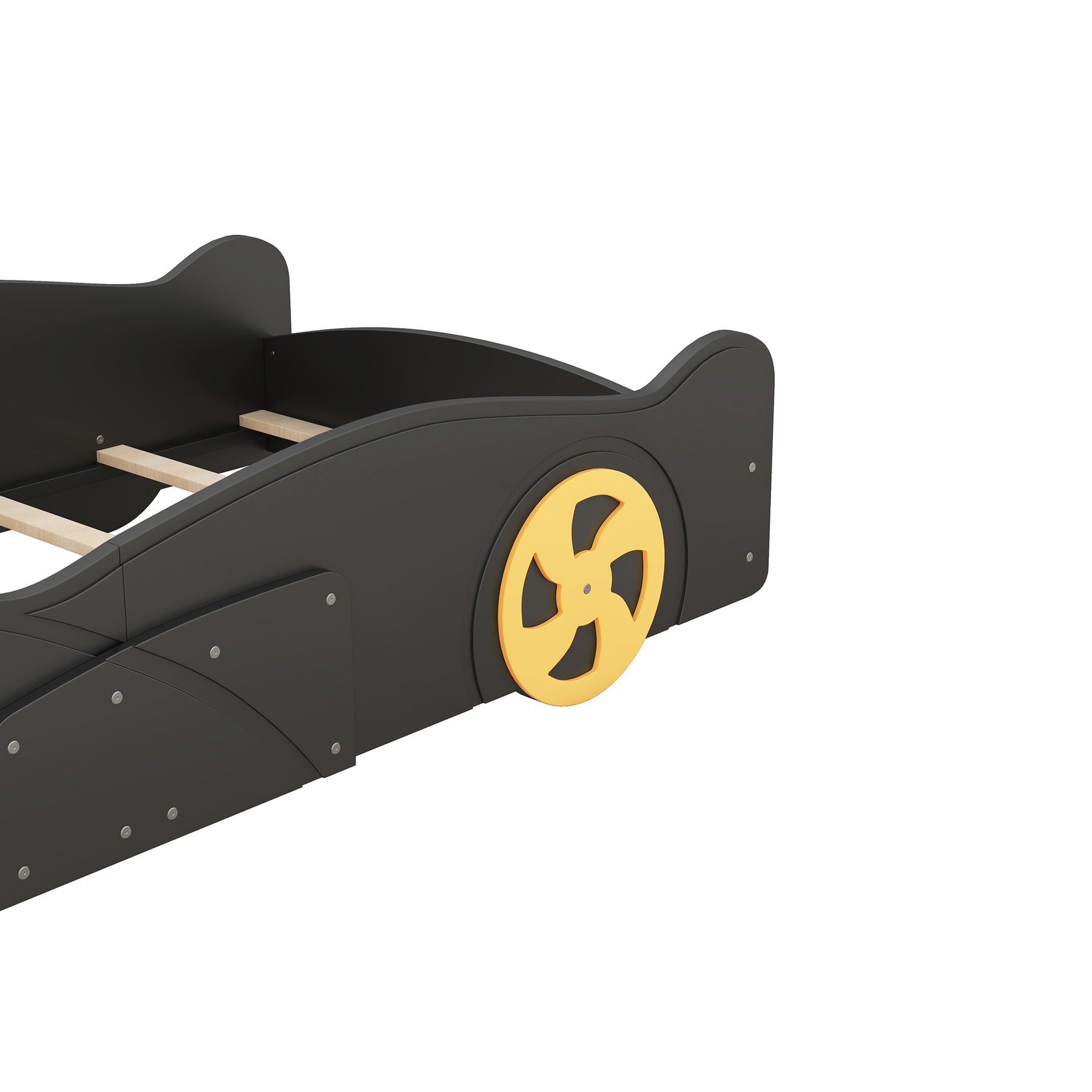 Twin Size Race Car-Shaped Platform Bed with Wheels and Storage, Black+Yellow - Tonkn