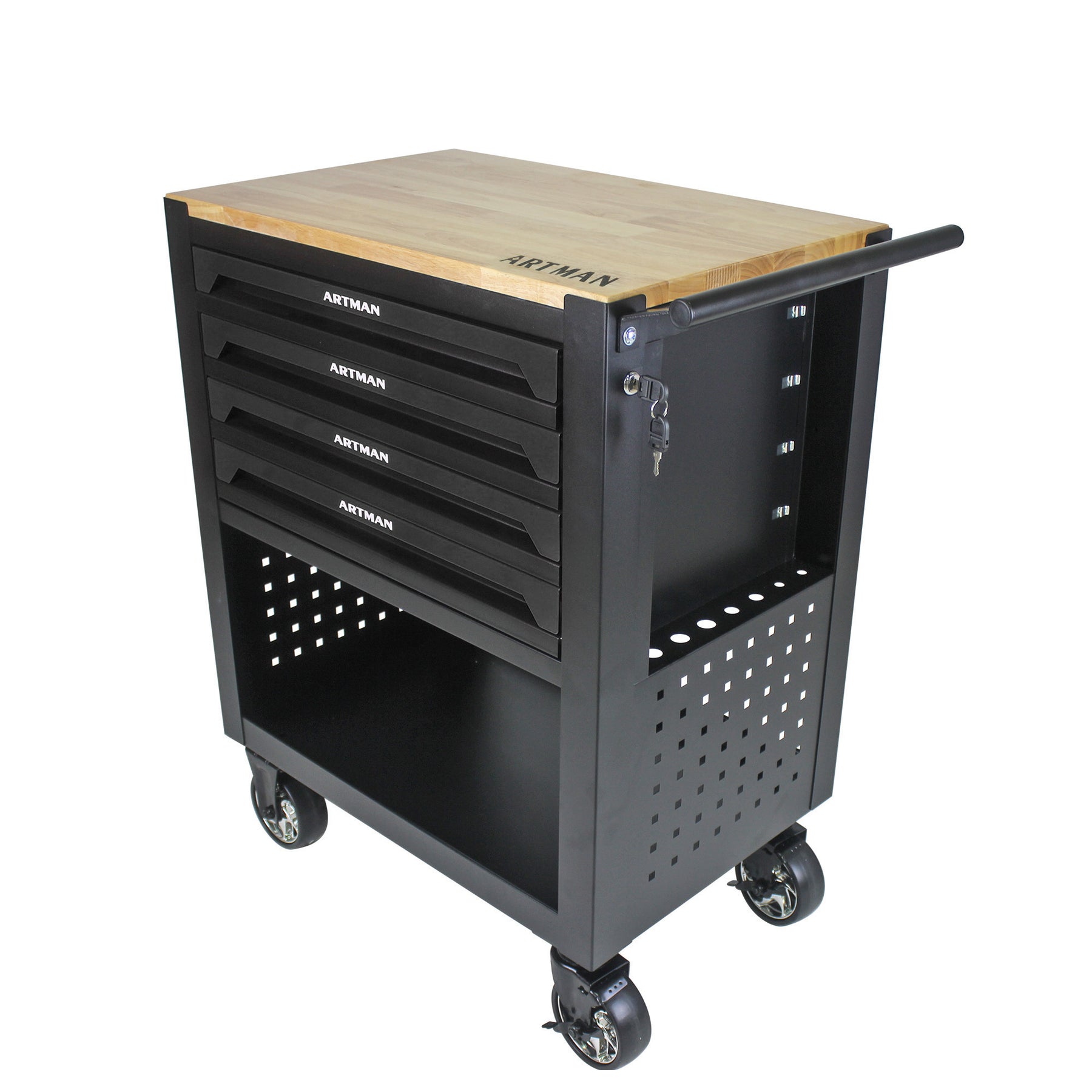 4 DRAWERS MULTIFUNCTIONAL TOOL CART WITH WHEELS AND WOODEN TOP-BLACK - Tonkn
