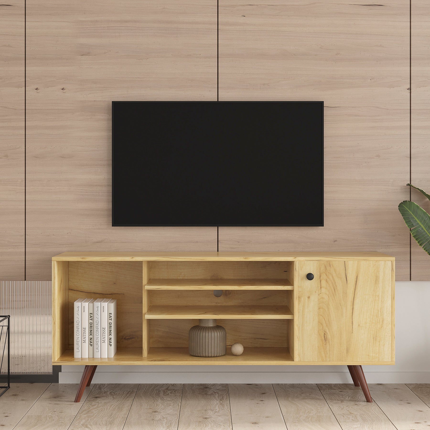 Mid-Century TV Stand for TVs up to 60 Inches, Entertainment Center with Open Storage Shelves & Cabinet, Modern TV Console for Living Room, Rustic Oak. - Tonkn