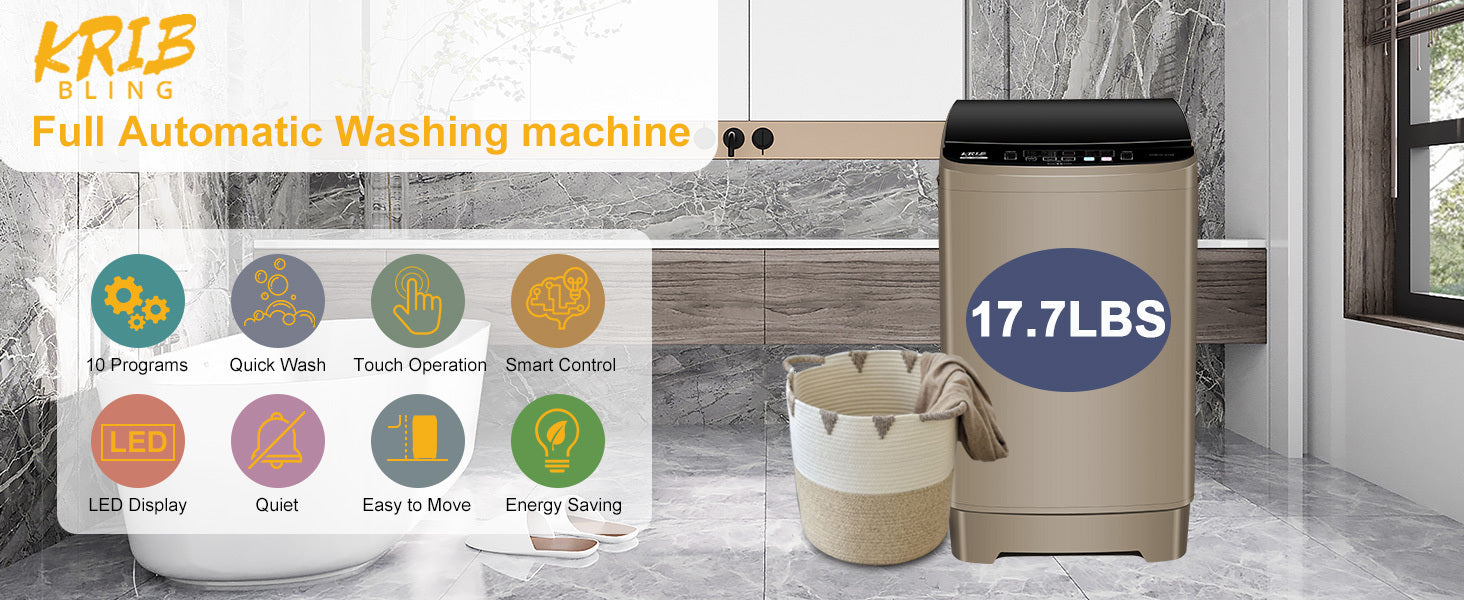 Full-Automatic Washing Machine with LED Display, 17.7 lbs Portable Compact Laundry Washer with Drain Pump, 10 Wash Programs 8 Water Levels, Gold Ban on Amazon - Tonkn