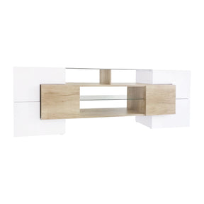 ON-TREND Unique Shape TV Stand with 2 Illuminated Glass Shelves, High Gloss Entertainment Center for TVs Up to 80", Versatile TV Cabinet with LED Color Changing Lights for Living Room, Wood - Tonkn