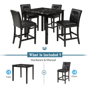 TOPMAX 5-Piece Kitchen Table Set Faux Marble Top Counter Height Dining Table Set with 4 PU Leather-Upholstered Chairs, Black - Tonkn