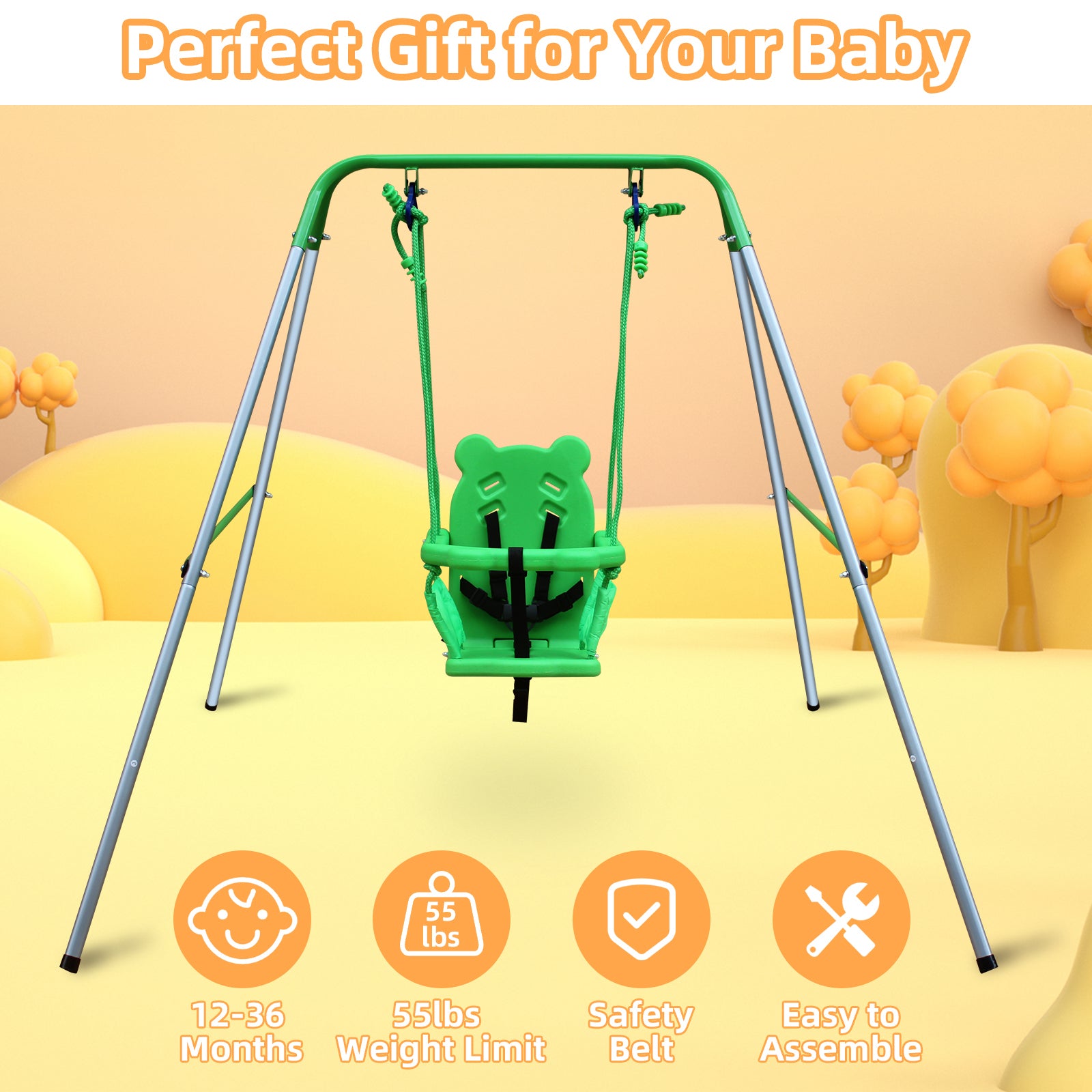 Toddler Baby Swing Set Indoor Outdoor Folding Metal Swing Frame with Safety Harness and Handrails for Backyard - Tonkn