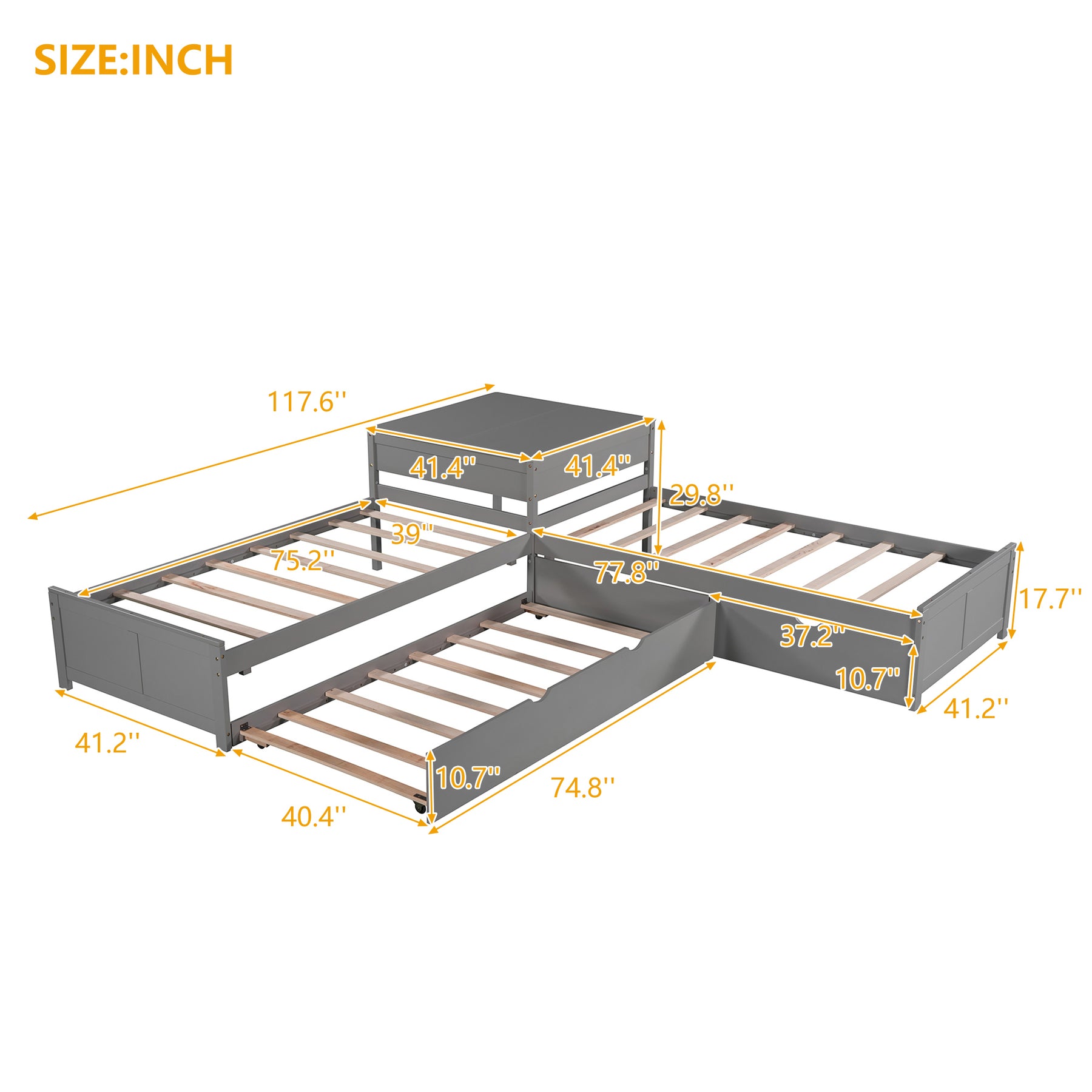 L-shaped Platform Bed with Trundle and Drawers Linked with built-in Desk,Twin,Gray - Tonkn