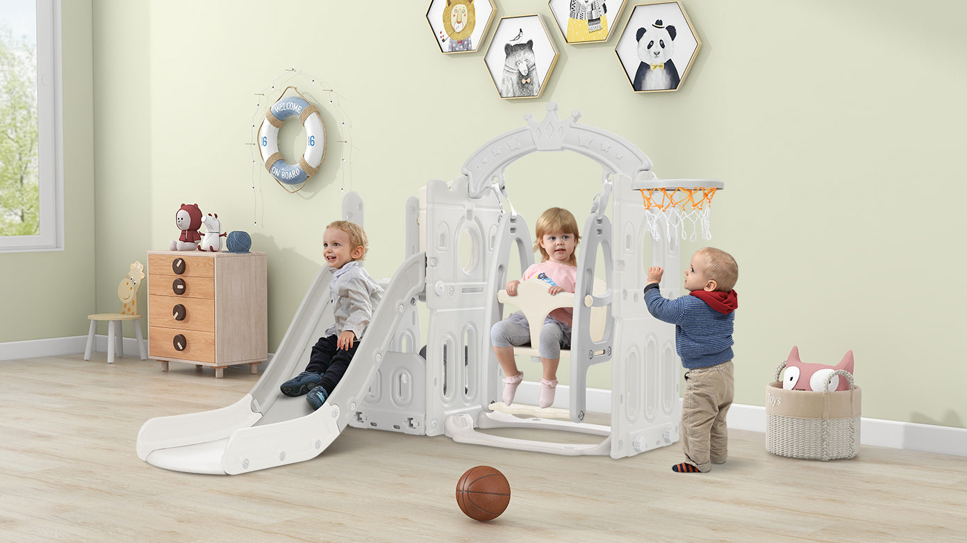 Toddler Slide and Swing Set 5 in 1, Kids Playground Climber Slide Playset with Basketball Hoop Freestanding Combination for Babies Indoor & Outdoor - Tonkn