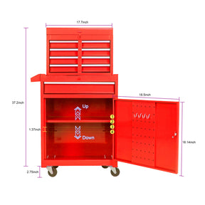 Detachable 5 Drawer Tool Chest with Bottom Cabinet and One Adjustable Shelf--Red - Tonkn