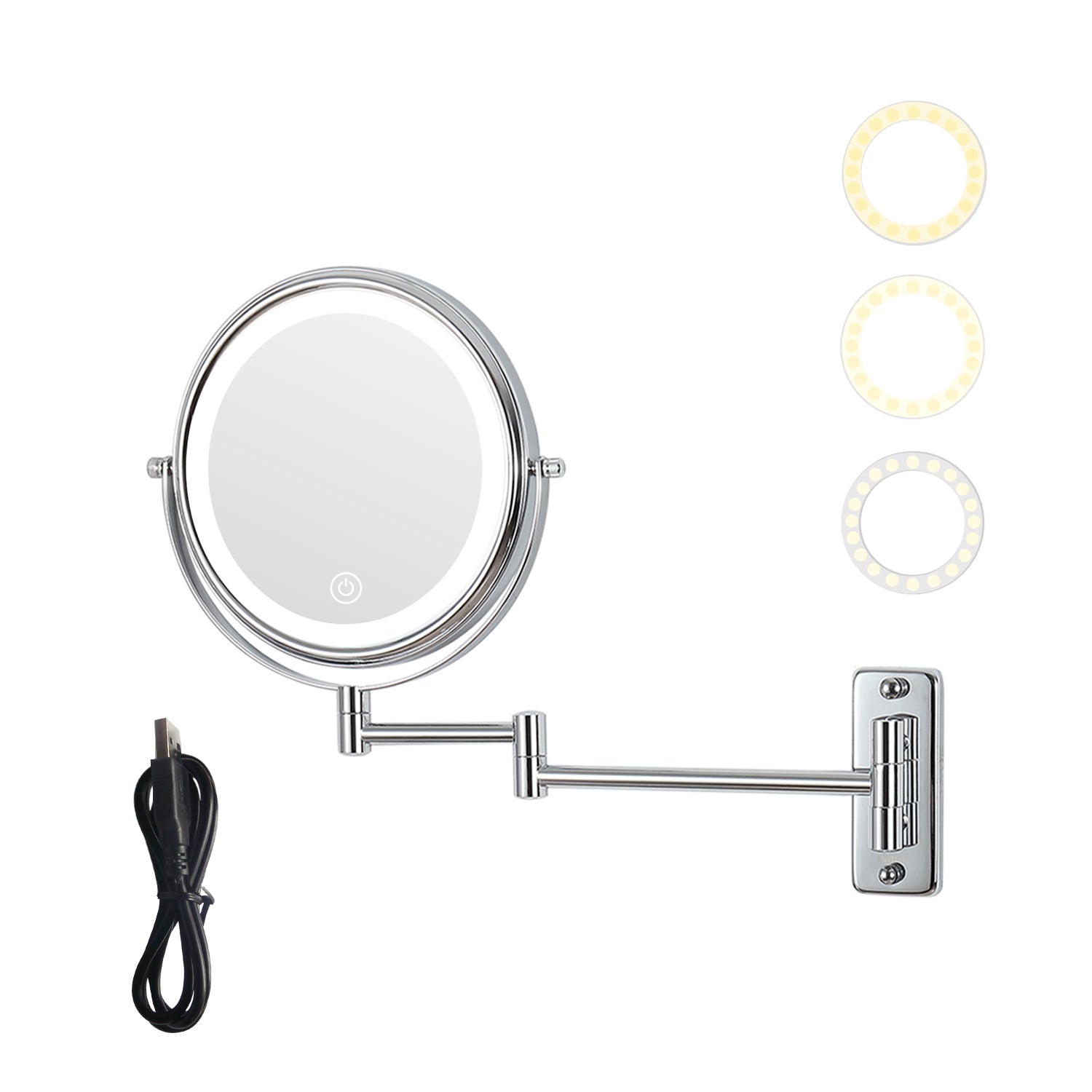 8-inch Wall Mounted Makeup Vanity Mirror, 3 colors Led lights, 1X/10X Magnification Mirror, 360° Swivel with Extension Arm (Chrome Finish) - Tonkn