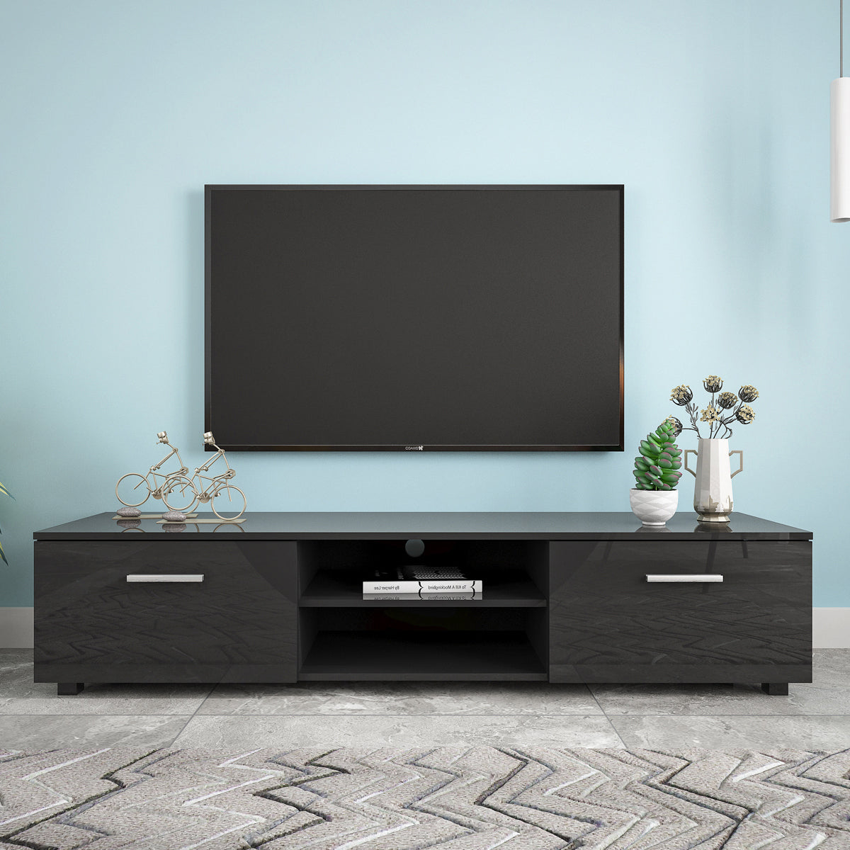 Black TV Stand for 70 Inch TV Stands, Media Console Entertainment Center Television Table, 2 Storage Cabinet with Open Shelves for Living Room Bedroom - Tonkn