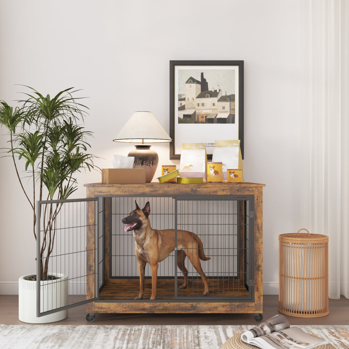 Furniture Style Dog Crate Side Table on Wheels with Double Doors and Lift Top. Rustic Brown, 43.7'' W x 30'' D x 31.1'' H. - Tonkn
