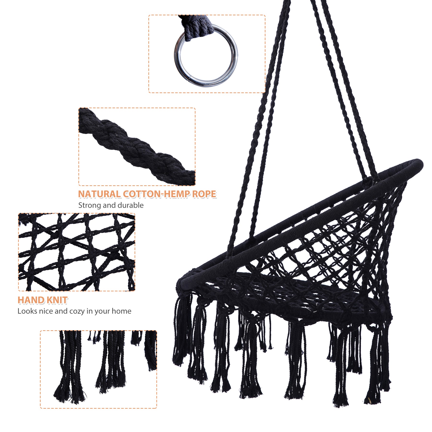 Black Swing，Hammock Chair Macrame Swing，Max 330 Lbs Hanging Cotton Rope Hammock Swing Chair for Indoor and Outdoor - Tonkn