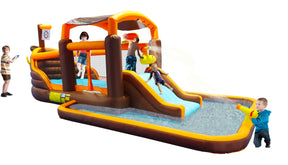 Inflatable Big Bounce House Playground Backyard Slide Water Park Bouncer with Cruise ship design Splash Pool & Basketball & Blower - Tonkn