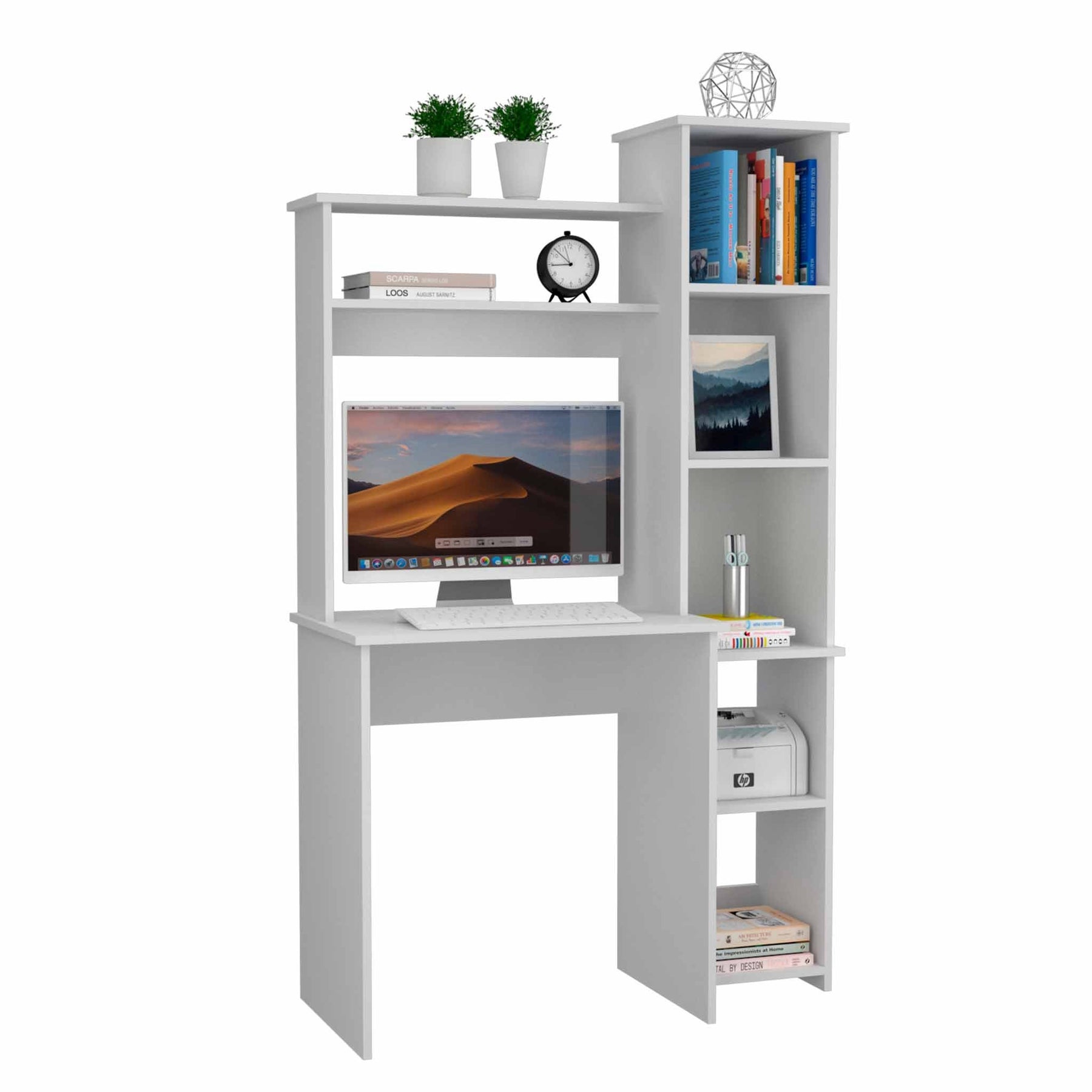 Marston 6-Shelf Writing Desk with Built-in Bookcase White - Tonkn