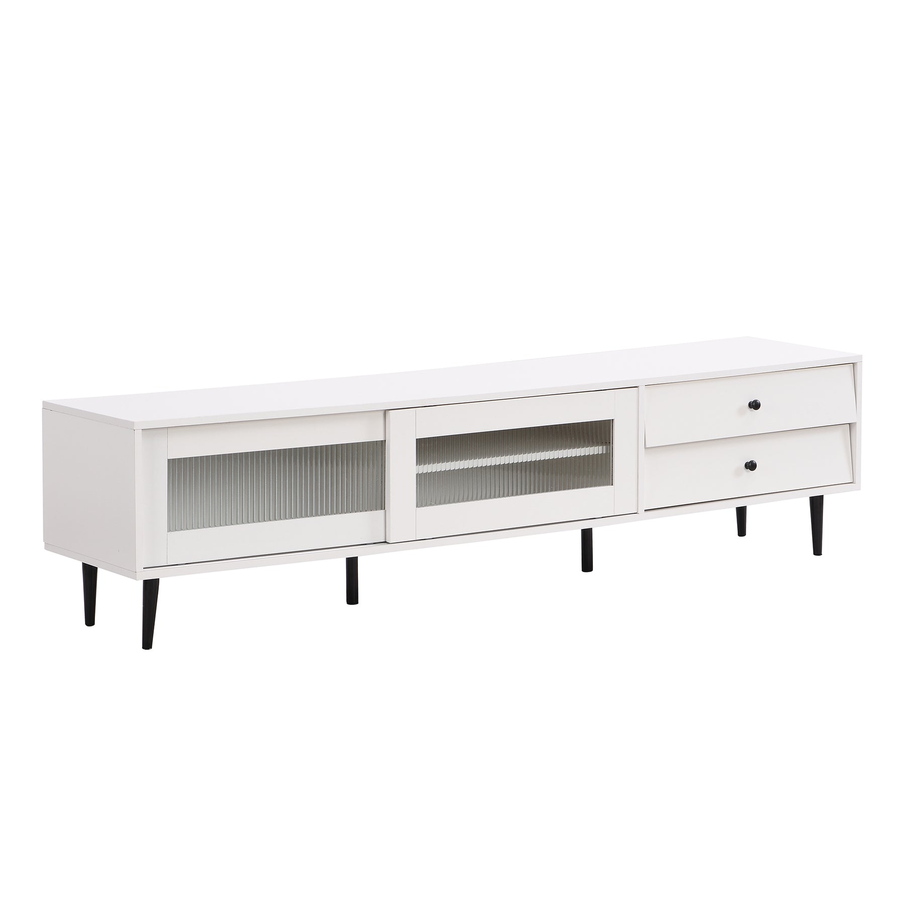 ON-TREND Chic Elegant Design TV Stand with Sliding Fluted Glass Doors, Slanted Drawers Media Console for TVs Up to 75", Modern TV Cabinet with Ample Storage Space, White - Tonkn