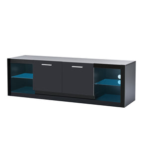 ON-TREND Modern TV Stand with 2 Tempered Glass Shelves, High Gloss Entertainment Center for TVs Up to 70'', Elegant TV Cabinet with LED Color Changing Lights for Living Room, Black - Tonkn
