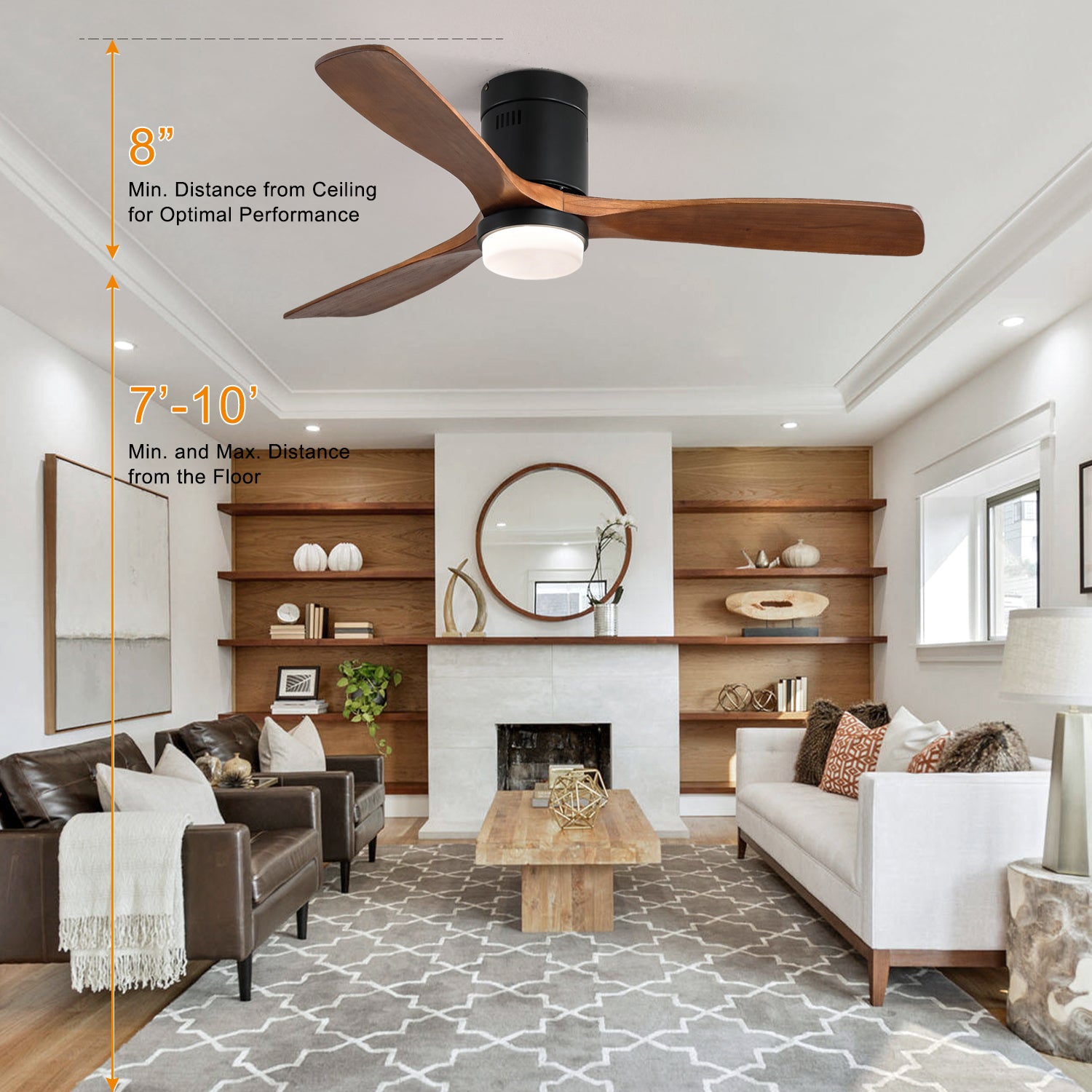 Low Profile Ceiling Fan With Lights 3 Carved Wood Fan Blade Noiseless Reversible Motor Remote Control With Light - Tonkn