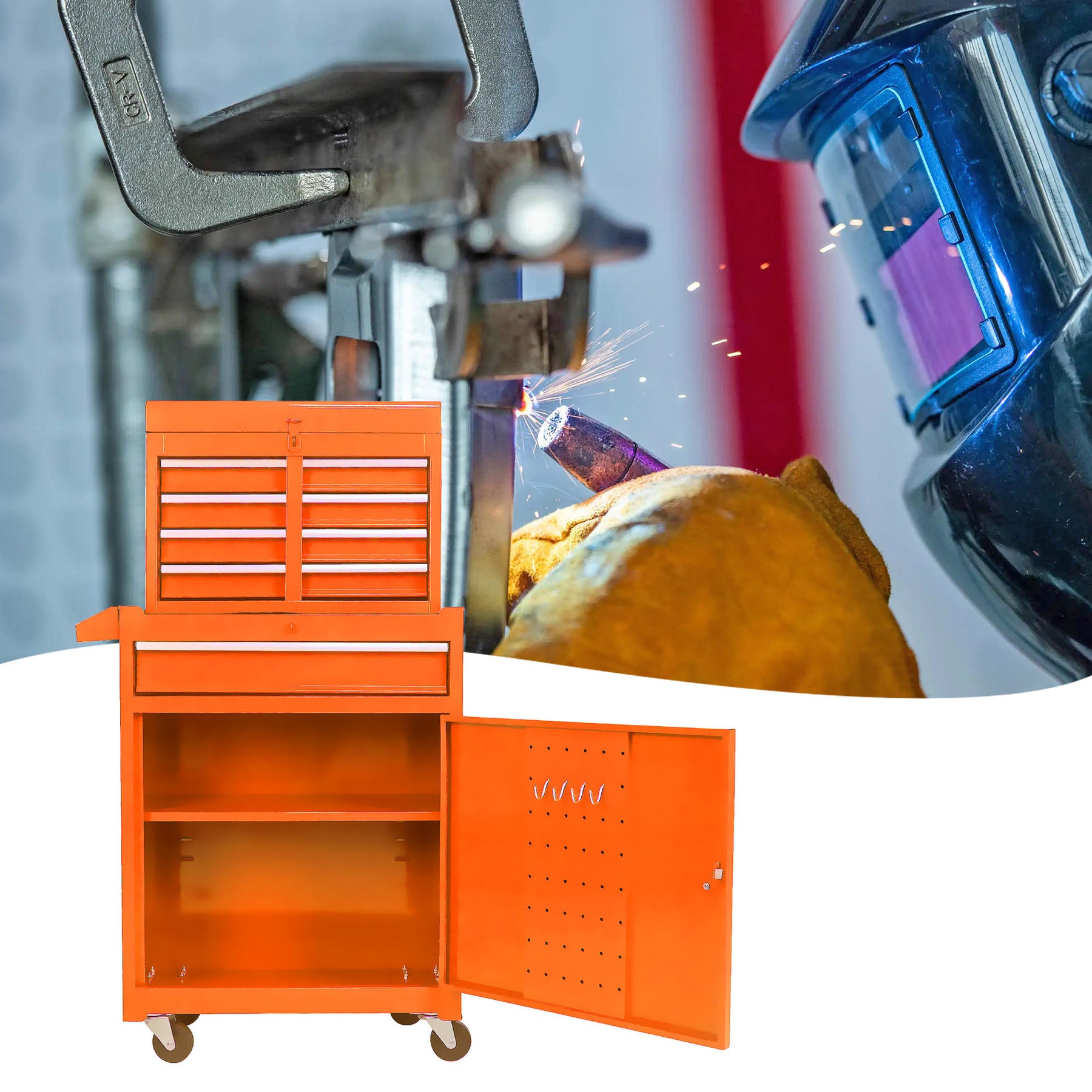 Detachable 5 Drawer Tool Chest with Bottom Cabinet and One Adjustable Shelf--Orange - Tonkn