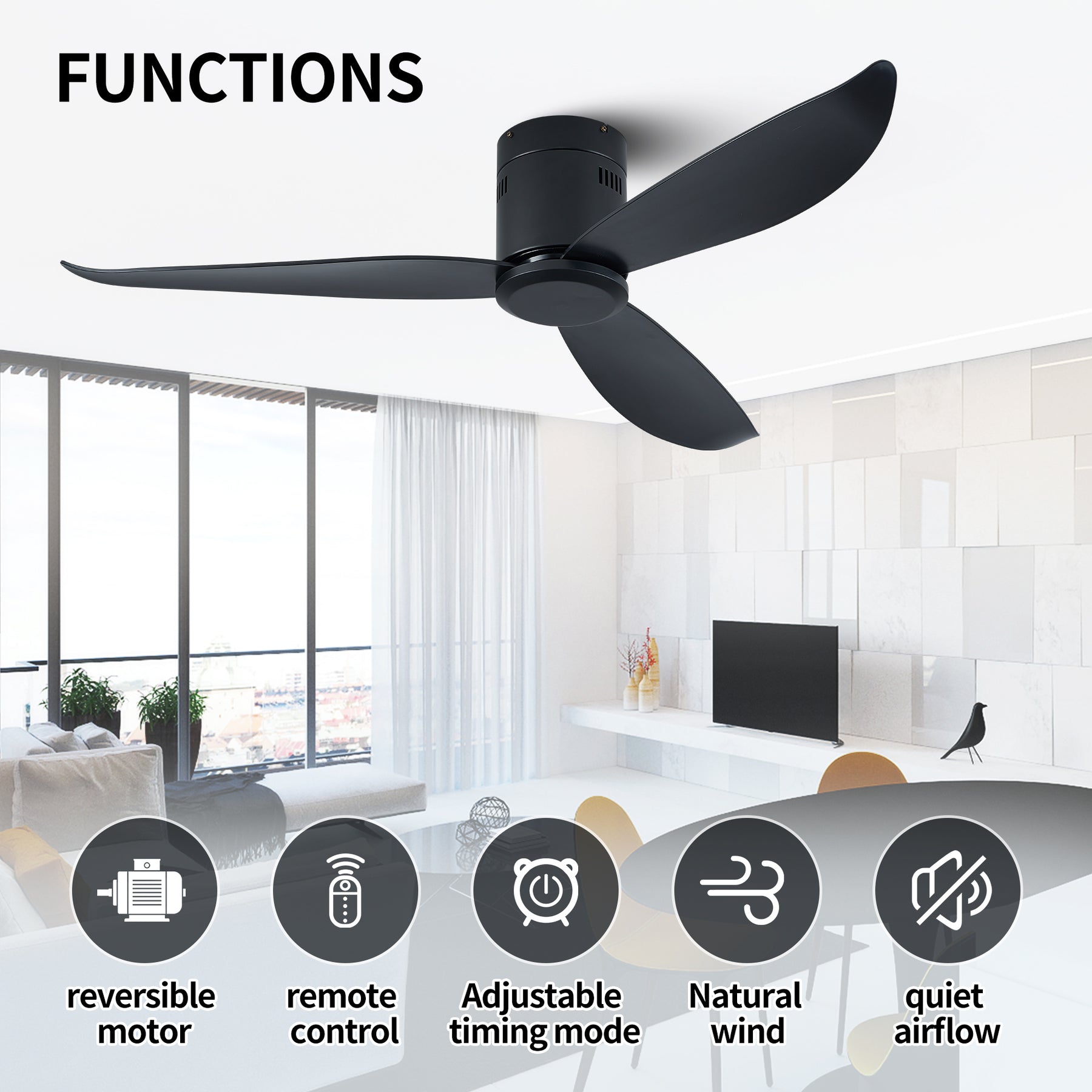 52" Low Profile Ceiling Fan No Light, Black Flush Mount Ceiling Fans without Lights (Not allowed to sell on Amazon) - Tonkn