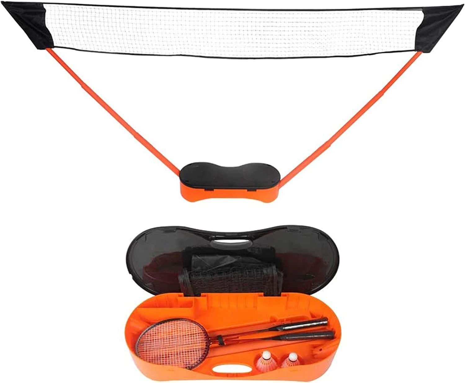 Portable Badminton Net Set Storage Box Base with 2 Battledores 2 Shuttlecocks Large, Orange - Tonkn