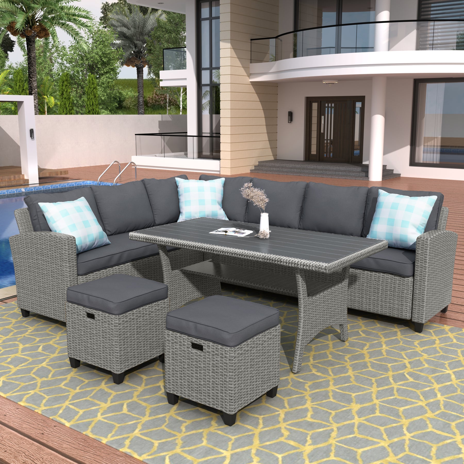 U_STYLE Patio Furniture Set, 5 Piece Outdoor Conversation Set,  Dining Table Chair with Ottoman and Throw Pillows - Tonkn